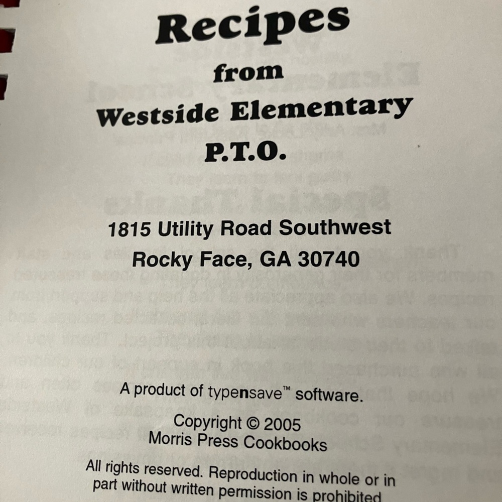 Westside Elementary P.T.O. Recipes Cookbook - White Cover